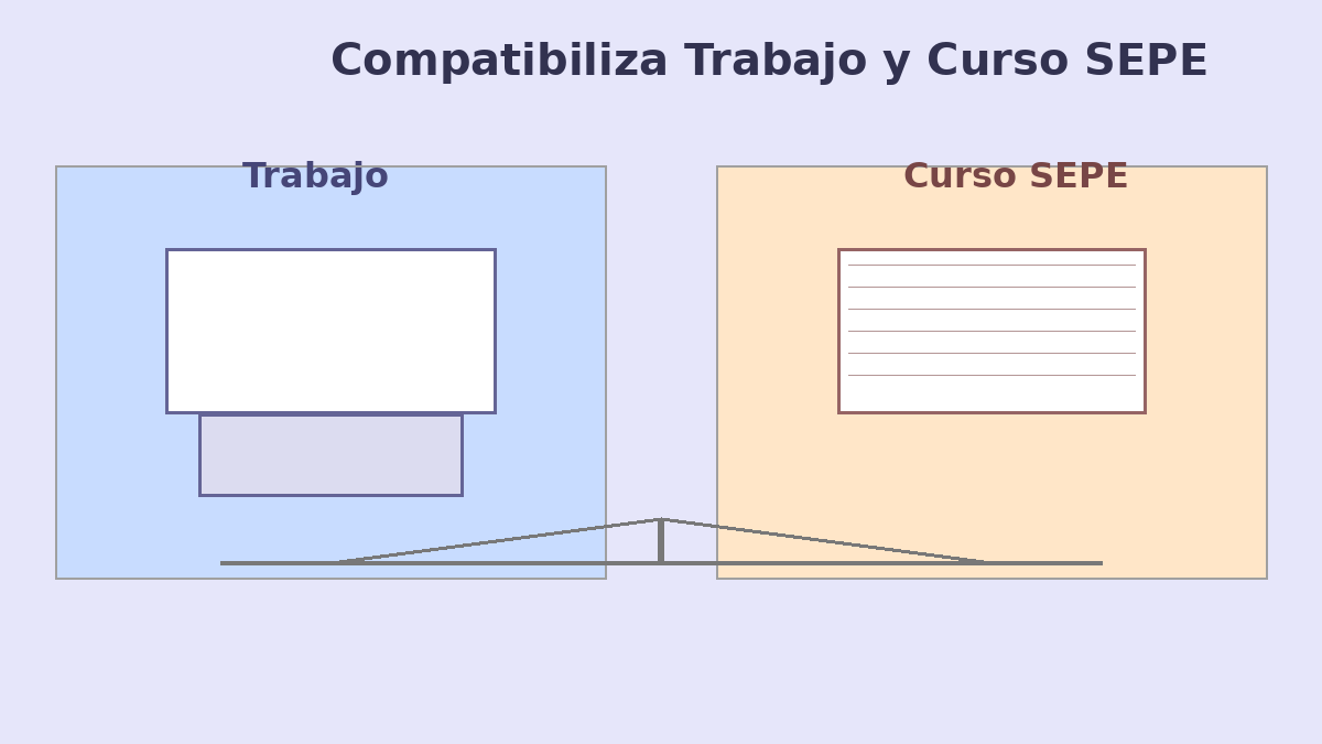 Compatibiliza trabajo y curso SEPE - Cursos SEPE y FUNDAE 2026 Ilustración que muestra el equilibrio entre trabajo y curso SEPE, con ordenador portátil y cuaderno en una balanza