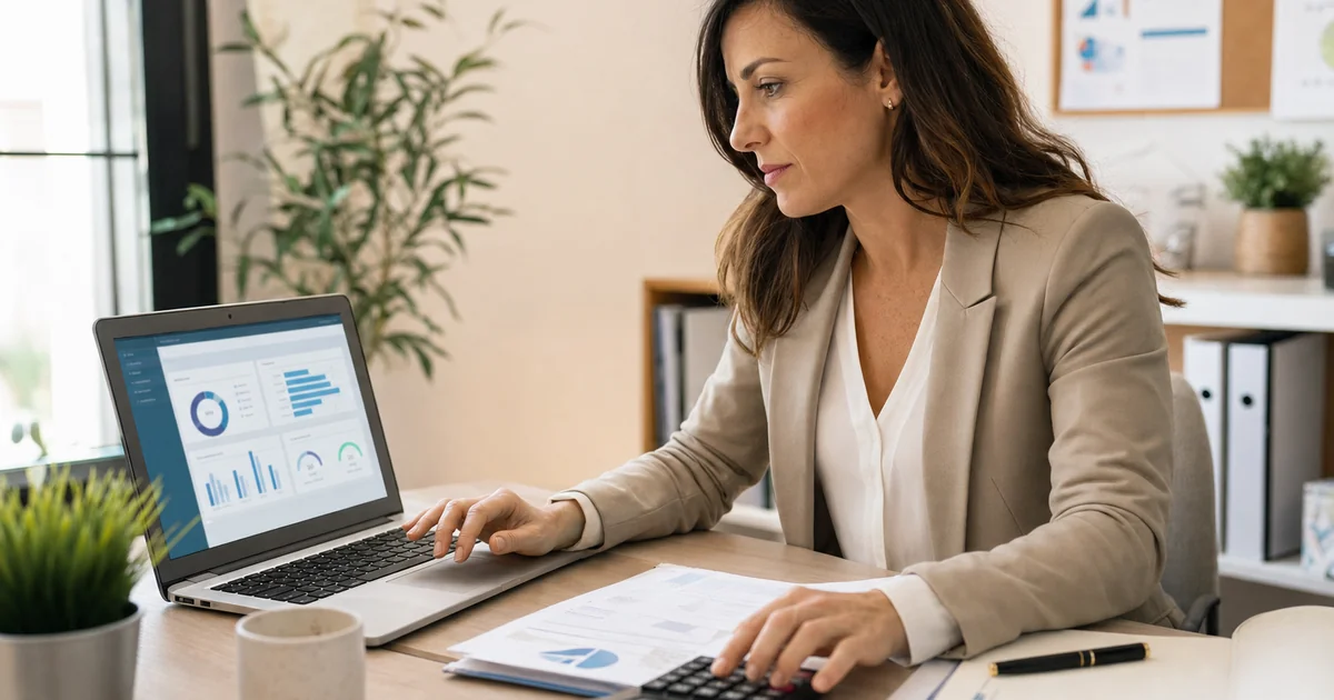 Simulador crédito FUNDAE 2026 - empresaria calculando crédito formación bonificada sector | Cursos SEPE y FUNDAE