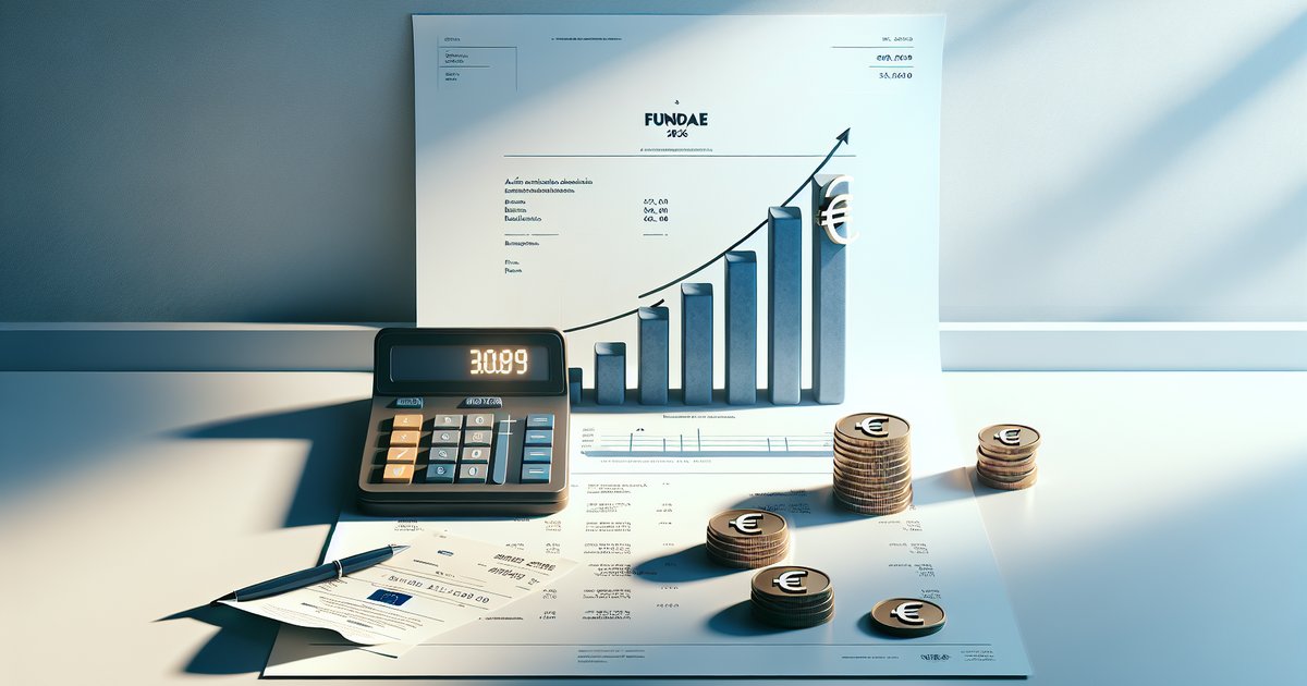 Calculadora con euro, gráfico de crecimiento y monedas para bonificaciones FUNDAE 2026