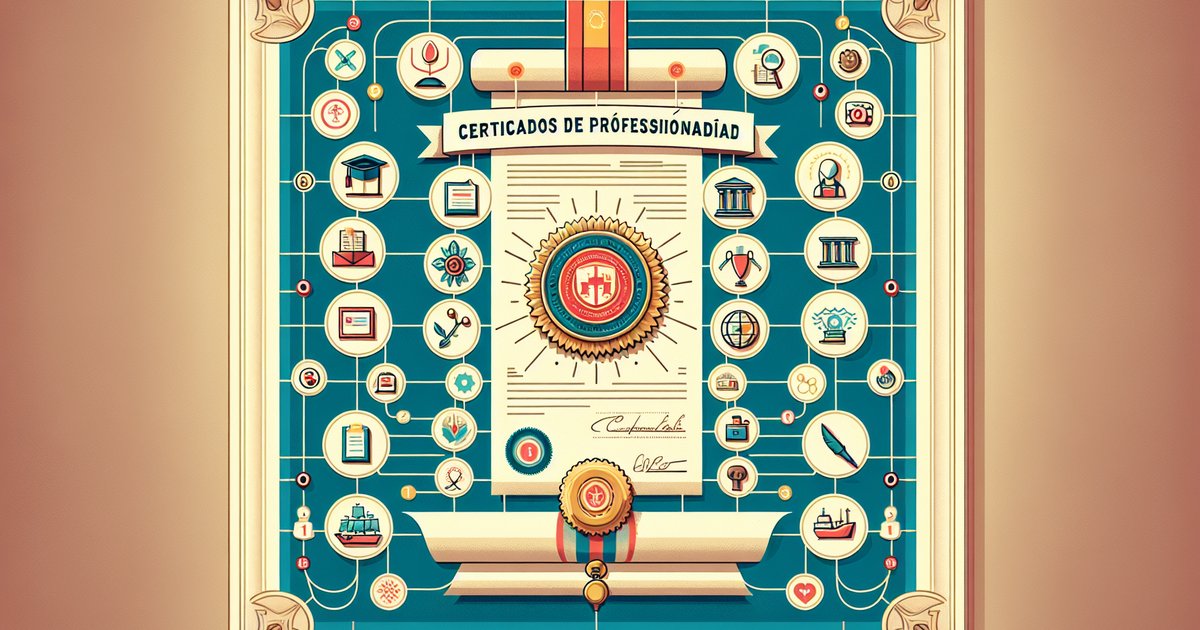 Certificado oficial con sello rojo e iconos de las 26 familias profesionales SEPE 2026
